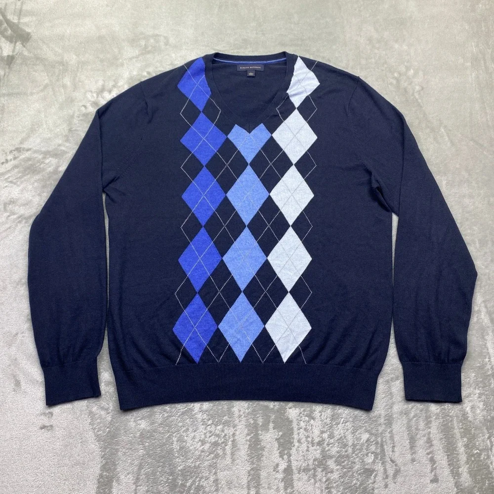 Banana Republic Mens‎ Silk Cotton Cashmere Argyle V-Neck Sweater Navy Blue Large